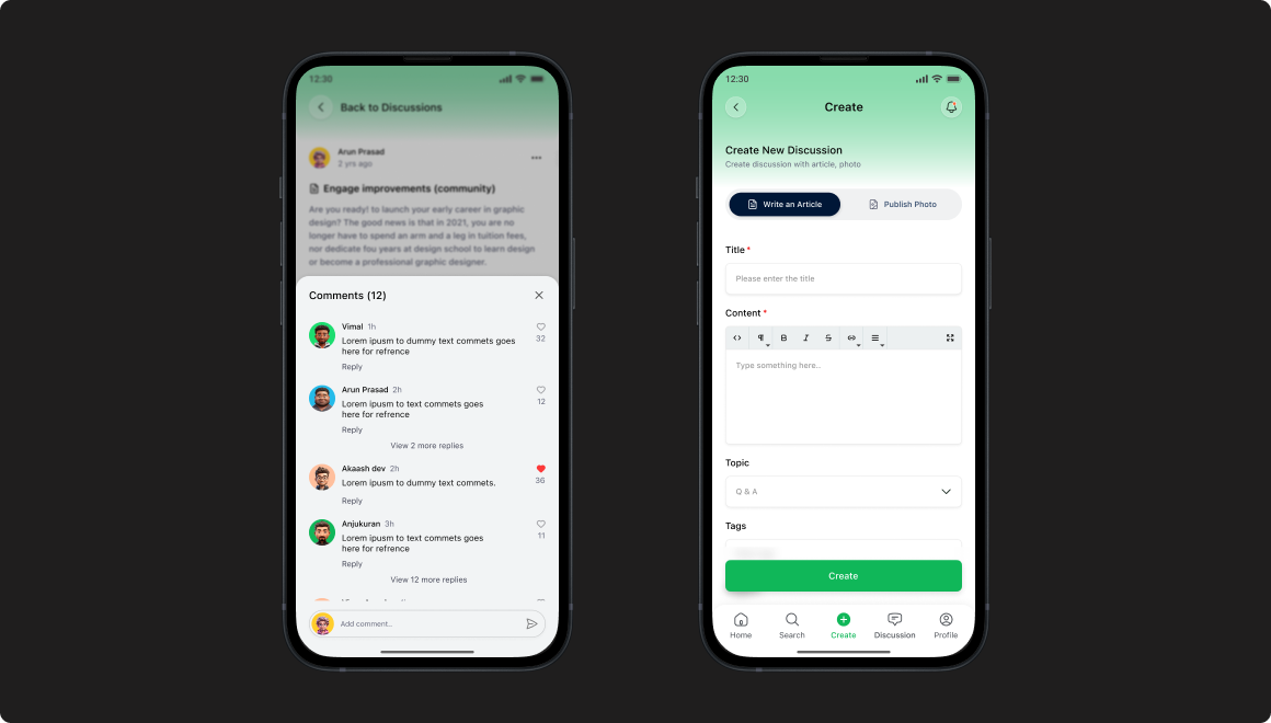 Create & Comment screens